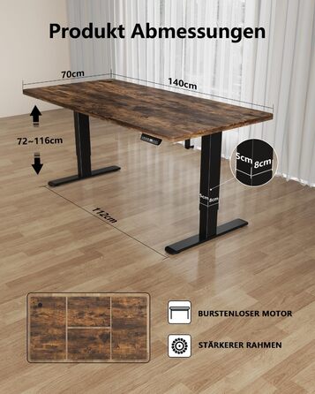 Регульований стіл Flamaker: електричний, з пам'яттю, для офісу, 140x70 см, коричневий (Vintage Braun)