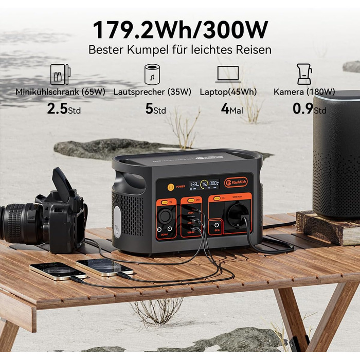 Powerstation FlashFish E103: 300W, 179.2Wh LiFePO4, 3000 циклів, 230V AC, для кемпінгу та подорожей