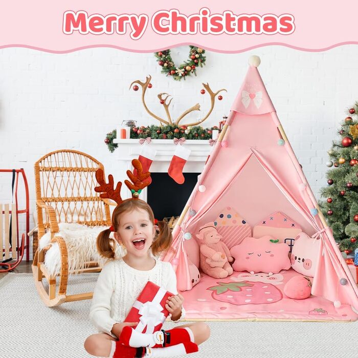 Дитяче намет-тіпі з верхівкою, бавовняно-льонові дитячі намети для малюків в приміщенні, для хлопчиків та дівчаток, Тіпі, дитячий ігровий будиночок (Рожевий)