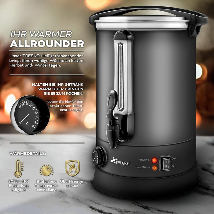 ТресКо® Електричний казанок для глінтвейну на 30 літрів / 2500 Вт з нержавіючої сталі. Електричний нагрівач для глінтвейну, гарячих напоїв та гарячої води. (30 літрів, сірий)