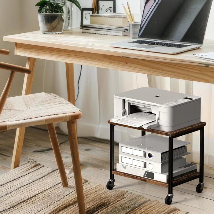 Двоярусний столик для принтера з роликами, 30x42x37 см, дерев'яний та металевий, мобільний, для офісу та вітальні (колір: коричневий)