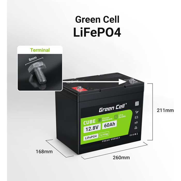 Акумуляторна батарея Green Cell LiFePO4 12 В, BMS, 10 років, для автофургону, човна, сонячної батареї, кемпінгу (60 Ач 12,8 В 768 Втгод)