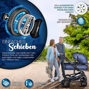 Дитяча коляска KIDUKU® 3 в 1 XXL Комплект | Комбінована коляска з люлькою, прогулянковим блоком та автокріслом | З підставкою для ніг, пеленальною сумкою, підстаканником, захистом від дощу, шинами з повним покриттям, відповідає стандарту ECE R129 (Синій /
