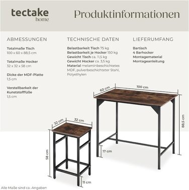 Набір барних меблів tectake®: високий стіл та 2 барні стільці, індустріальний стиль, для кухні та вітальні