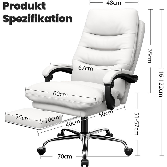 Ергономічне крісло для офісу Naspaluro з підніжкою, комп'ютерне крісло з двошаровою подушкою, високою спинкою, функцією відкидання, регулюванням висоти, з PU-шкіри, до 150 кг (Білий, Штучна шкіра)