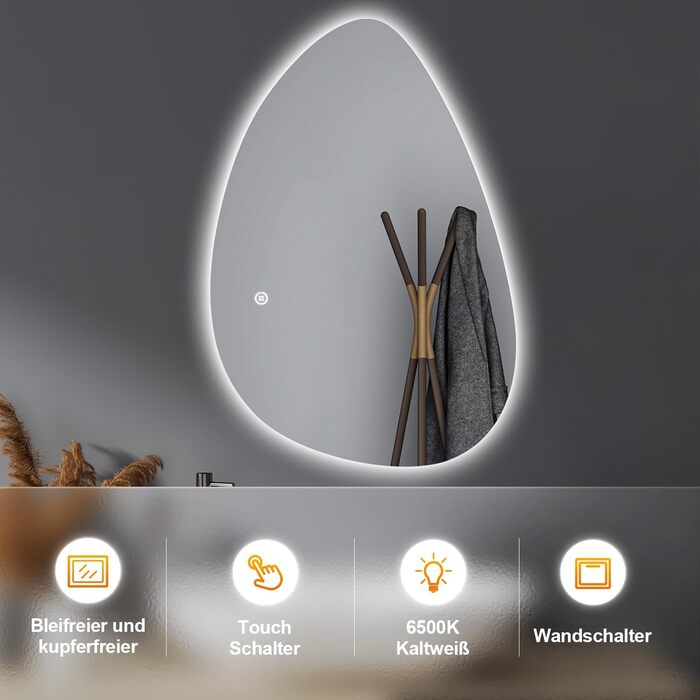 Дзеркало для ванної кімнати Badspiegel 70x50см з підсвічуванням 3 кольори, сенсорний вимикач, прямокутне, для ванної/вітальні, енергоклас A++ (65 x 90 см)