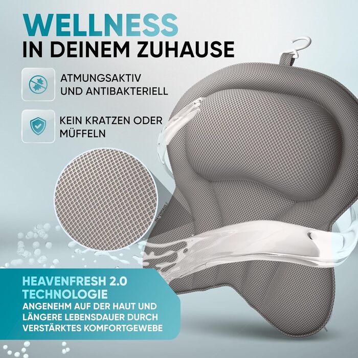 Подушка для ванни XXL преміум-якість сірого кольору | Додаткові подушки для шиї та плечей | Швидковисихаюча, пральна подушка для ванни з 4 великими присосками | Подушка для ванни XX-Large сіра