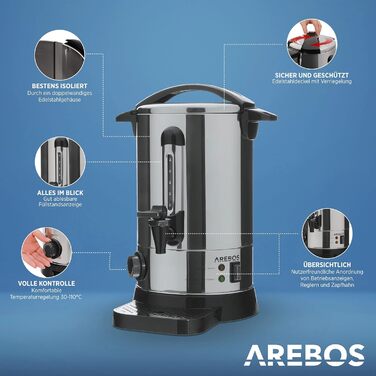 Електричний глінтвейнер Arebos 950 Вт | Диспенсер гарячих напоїв, 6.8 л | З піддоном, краном, термостатом та захистом від перегріву | Регулювання температури 30-110°C, сріблястий