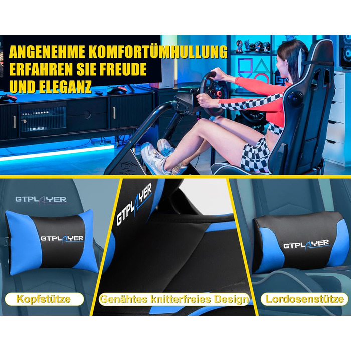 GTPLAYER Симулятор кокпіт для автосимуляторів, стійка для керма та педалей з динаміками (Синій)