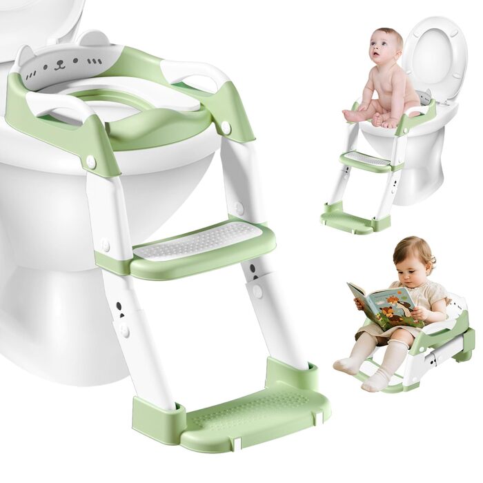 Дитячий унітаз-сходи 3-в-1 з ручками, регульована висота, зелений. Тренажер для привчання до туалету, складаний сидіння.