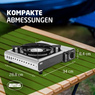 Газовий балонний пальник Amig CAMP01 з 1 конфоркою, вбудованим вітрозахистом та нержавіючою сталею, 2.2 кВт, сумісний з картриджами B-250