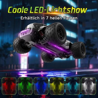 RC Автомобіль Monstertruck 1/14 4WD, 40 км/год, 2 батареї, 7 кольорів підсвічування, Водонепроникний, для дітей та дорослих, Чорний