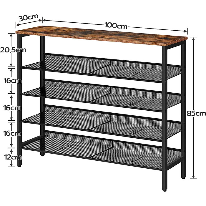 Полиця для взуття, 5-шарова шафа для взуття, регульована полиця для взуття, плоска та нахилена, 100 x 30 x 85 см, стійка, металева, Вхід, Коридор, Промислова, Вінтажна коричнево-чорна EBF10J01