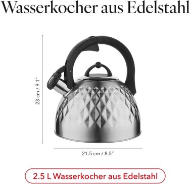 Чайник FLORINA Fenny Satin Induktion 2.5L з нержавіючої сталі, Cool-Touch, сучасний дизайн