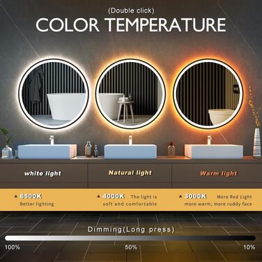 Дзеркало з LED-підсвіткою, кругле, з датчиком руху, для макіяжу, регульоване, антизапар, водонепроникне IP44, для ванної кімнати, настінне, діаметр 90 см