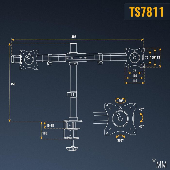 Підставка для монітора RICOO TS7811 - кріплення для 2 моніторів (13-27 дюймів)