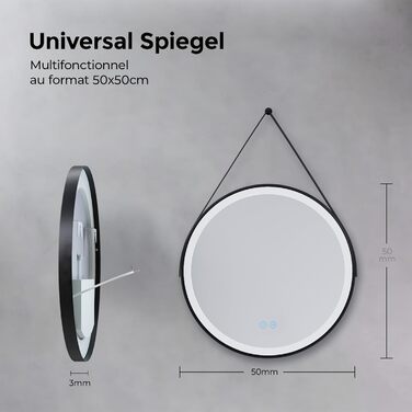 Круглий дзеркало для ванної кімнати з підсвіткою 60см, LED, регулювання яскравості, сенсорне управління, чорна рама, знімна стрічка, 3 кольори світла