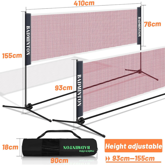 Сітка для бадмінтону Yakimz, Тенісна сітка 310см 410см 510 см Сітка для бадмінтону регулюється по висоті, сітка для бадмінтону для саду, міцна рама з сумкою для транспортування, критий відкритий сад (410 см)