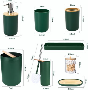 Набір аксесуарів для ванної кімнати iMucci: сміттєвий бак, щітка для унітазу, тримач для зубних щіток, диспенсер для лосьйону/мила, мильниця, стакан для зубних щіток, тримач для ватних паличок (з бамбукової обтяжки), пастельно-зелений, 9 предметів (темно-