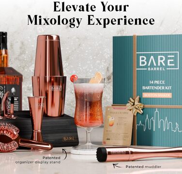 Набір для бармена Pro Mixology: 14 предметів, Boston Shaker 0.8L, бамбуковий підставник, рецепти коктейлів | Подарунок для дому