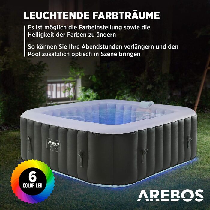 Надувний гідромасажний басейн-спа Arebos Spa Whirlpool 2400 Вт для 6 осіб, 185x185 см, 130 масажних форсунок, LED-підсвітка, 910 л, з кришкою