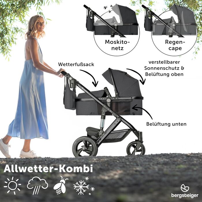 Дитяча коляска Bergsteiger Nizza 3 в 1 (сірий колір), комплект: автокрісло, люлька, прогулянковий блок та Isofix база, чорне шасі