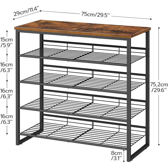 Полиця для взуття, 5-шарова шафа для взуття, регульована полиця для взуття, плоска або відкидна, на 12-16 пар, стійка, для передпокою, вітальні, спальні, вінтажна коричнево-чорна EBF08XJ01 75 x 29 x 75.2 см
