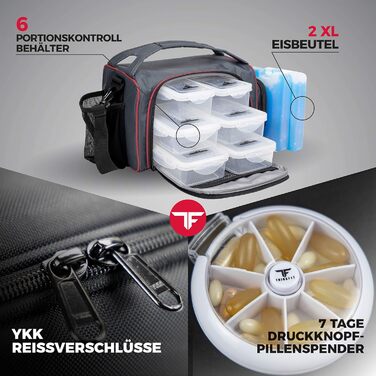 Ізотермічна ланчбокс з 6 контейнерами для їжі – BPA-Free, багаторазовий, підходить для мікрохвильової печі та морозильної камери – ланч-сумка з шейкером, органайзером для пігулок, плечовим ременем та охолоджувальними пакетами – червона сумка-холодильник