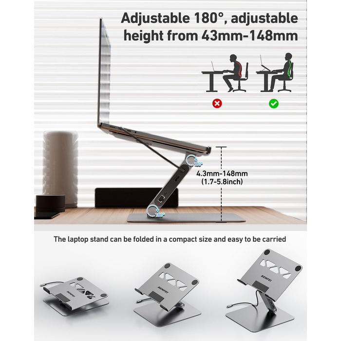 Підставка для ноутбука BENFEI з док-станцією USB-C 6-в-1: HDMI (4K@60Hz), Gigabit LAN, 100W Power Delivery, 10Gbps (1x USB-C 3.2 & 2x USB-A 3.2) – сумісна з MacBook Pro/Air, iPad Pro, XPS, ThinkPad