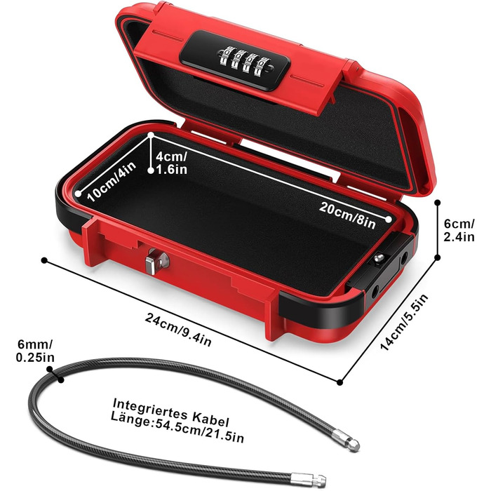 Портативний водонепроникний сейф, 4-значний, з тросом, для подорожей, пляжу, кемпінгу, офісу (червоний)