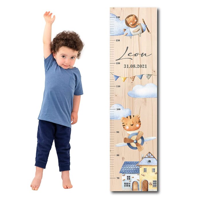Дитяча вимірювальна планка FLY з ім'ям з алюмінію для дитячої кімнати з милими мотивами вимірювальна планка Massband (дерев'яний ведмідь в стилі бохо)