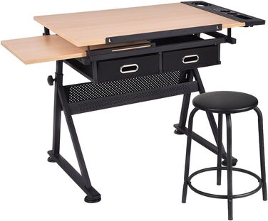 Дерев'яний дитячий стіл DREAMADE з регулюванням висоти та нахилу, з ящиками та табуретом - ідеальний для школи та офісу
