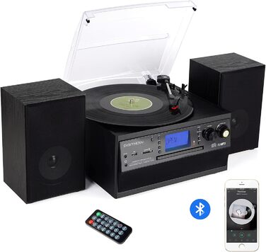 Програвач вінілу з Bluetooth, USB, функцією кодування, CD-програвачем, FM-радіо та касетою, 3 швидкості (33/45/78 об/хв), вбудовані динаміки, мультиколір