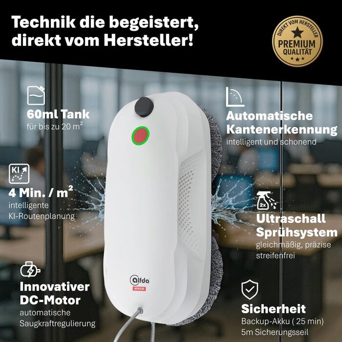 Робот для миття вікон AFR230 з подвійним розпиленням, інтелектуальною навігацією та пультом дистанційного керування, для внутрішніх та зовнішніх вікон, об'єм бака 60 мл, сумка для зберігання, 8 ганчірок