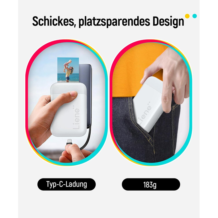 Liene Pearl K100 Міні-фотопринтер для смартфонів, білий. Підтримка Bluetooth 5.0, сумісний з iOS та Android, 5 листів фотопаперу.