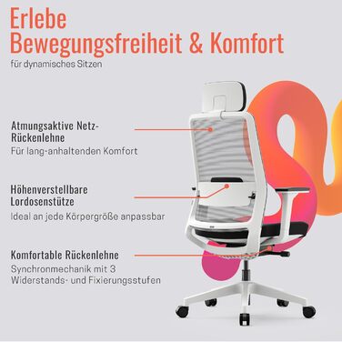 Yaasa Chair Plus: Ергономічне офісне крісло з підголівником, 2D-підтримкою спини та 4D-підлокітниками - Біле, Pro. Переможець тесту! До 150 кг.