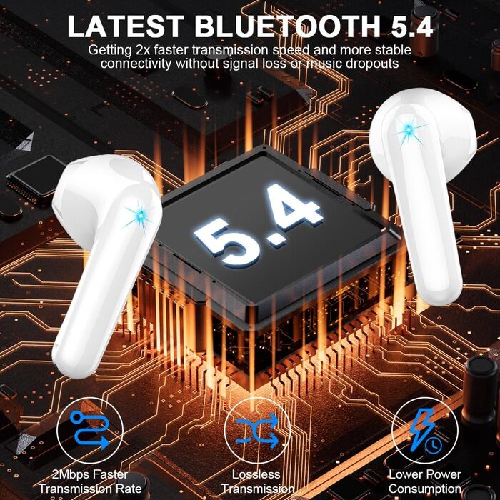 Навушники-вкладиші Bluetooth 5.4, бездротові, 4 мікрофони ENC, час відтворення 50 годин, світлодіод, водонепроникний IP7, білий