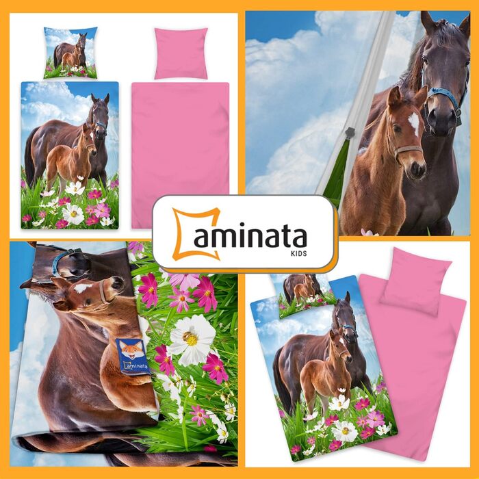Дитячі постільні приналежності Aminata коні 135x200 для дівчаток бавовняні дитячі постільні приналежності для лошат з мотивом постільної білизни для коней коричнево-рожева Застібка-блискавка
