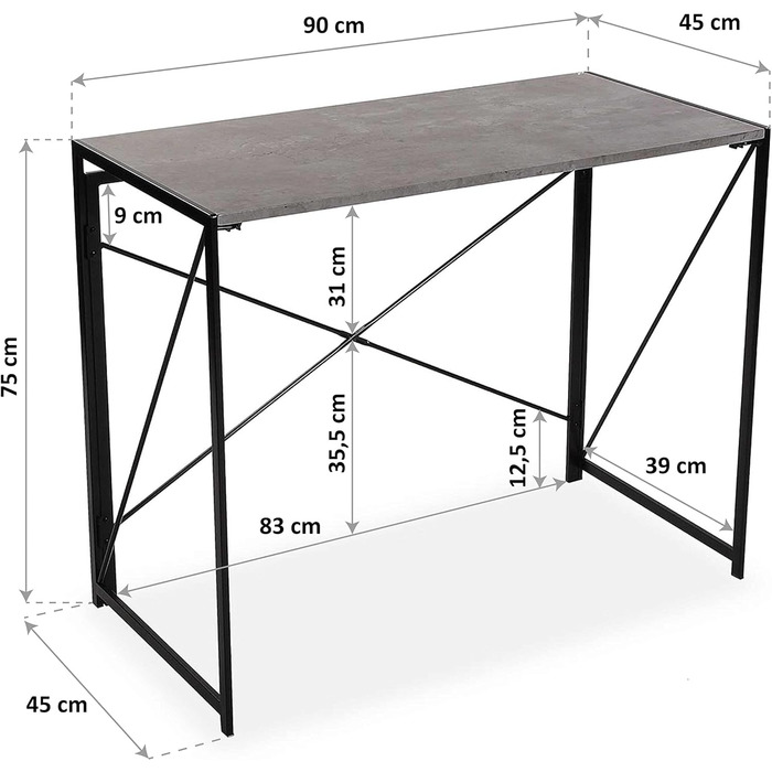 Письмовий стіл Versa Jack для комп'ютера, робочий стіл Компактний офісний стіл, складний, розміри (В x Д x Ш) 74 x 45 x 90 см, Дерево та Метал, Колір Сірий