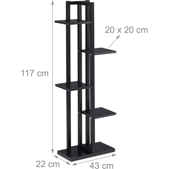 Полиця для рослин, Квіткові сходи 5 полиць, 117x43x22 см, Сталь/МДФ, Всередині, Чорний