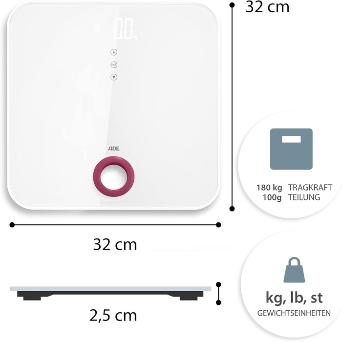 Цифрові ваги для ванної кімнати ADE BE 1616 FITvigo (Електричні ваги для ванної кімнати з Bluetooth, додаток, визначення ваги до 180 кг, визначення ІМТ) біла ягода White - Berry