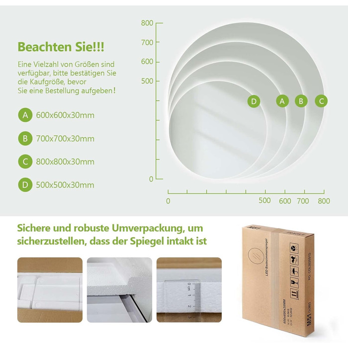 Круглий дзеркало для ванної кімнати з підсвічуванням S'AFIELINA 60 см LED з сенсорним вимикачем, 3 кольори світла (теплий, нейтральний, холодний), регулювання яскравості, 60x60 см