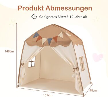 COSTWAY Ігровий будиночок для дітей, намет-палатка з прапорцями та гірляндою, намет принцеси, великий дитячий намет для хлопчиків та дівчаток від 3 років, 157 x 98 x 148 см (Коричневий)