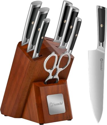 Набір ножів Sunnecko 6 шт. з підставкою – кухонний набір ножів, кухонні ножі з ергономічними ручками, гострими лезами, підставка з нержавіючої сталі та акації