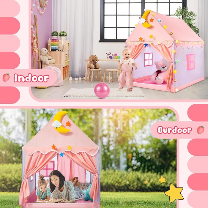 Дитяче намет-ігровий будиночок для дівчаток з килимком та світлодіодними зірками, намет-ігровий будиночок для дітей, намет-принцеса для дівчаток, іграшка-подарунок для дівчаток 3, 4, 5, 6, 7 років