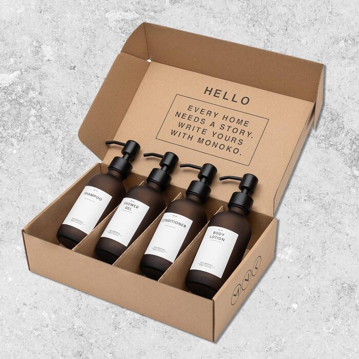 MONOKO Набір дозаторів для мила 4 шт. Чорний матовий, скло, 500 мл | Дозатори для шампуню, мила, кухні, з нержавіючою сталею | Pumpflasche + наклейки