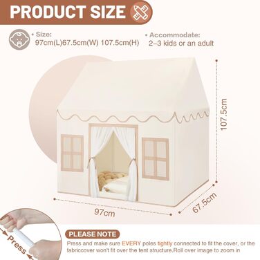 Дитяче намет-ігровий будиночок Wilwolfer з килимком для малюків: Принцесин будиночок з бахромою для дівчаток та хлопчиків - Великий намет для гри в приміщенні та на вулиці, кремовий колір