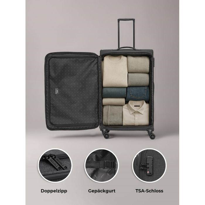 Набір тканинних валіз REDOLZ Essentials 12 (3 шт.), чорні дорожні Trolley з 4-ма подвійними колесами, TSA-замком та функцією розширення