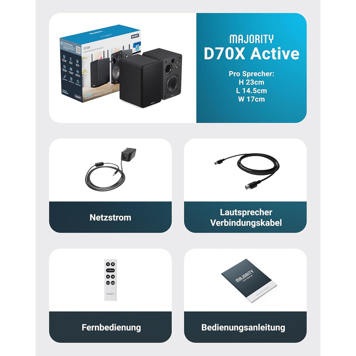 Активні колонки Majority D70X Bluetooth | HDMI ARC | Студійний монітор DJ з вуглецевими мембранами | 70W стерео колонки для ПК | Монітори з пультом дистанційного керування (Чорний)