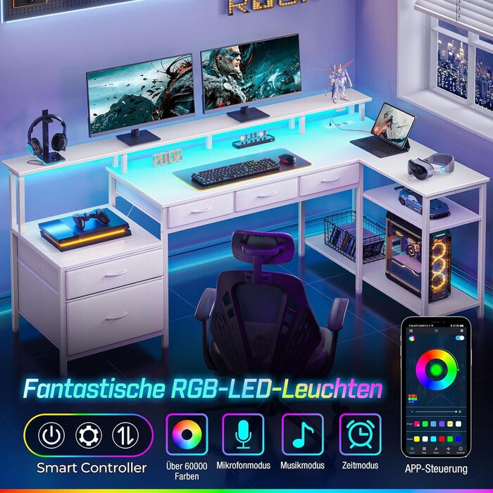 Комп'ютерний стіл Rolanstar L-подібної форми з шухлядами, білий, з розеткою та підставкою для монітора 163 см, для офісу, робочого кабінету, спальні